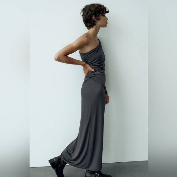 Zara Drapped Asymmetrical Midi Dress Gray - Picture 4 of 13